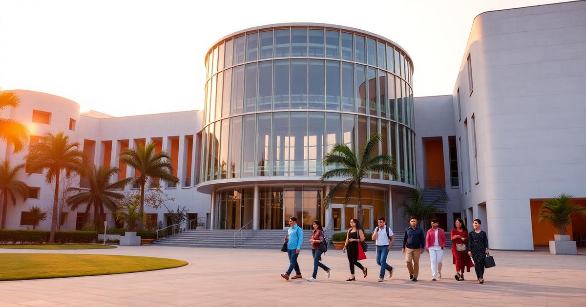 International students walking outside a modern Indian university campus at golden hour