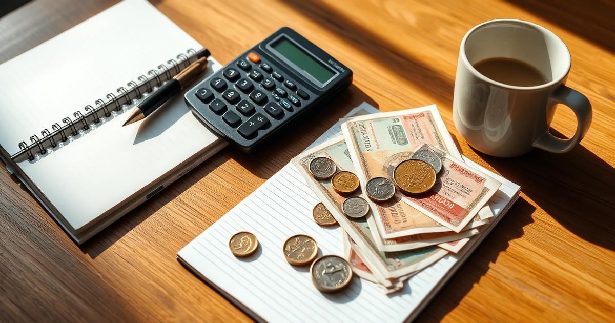 Notebook, calculator and Indian rupee notes used to plan a student monthly budget