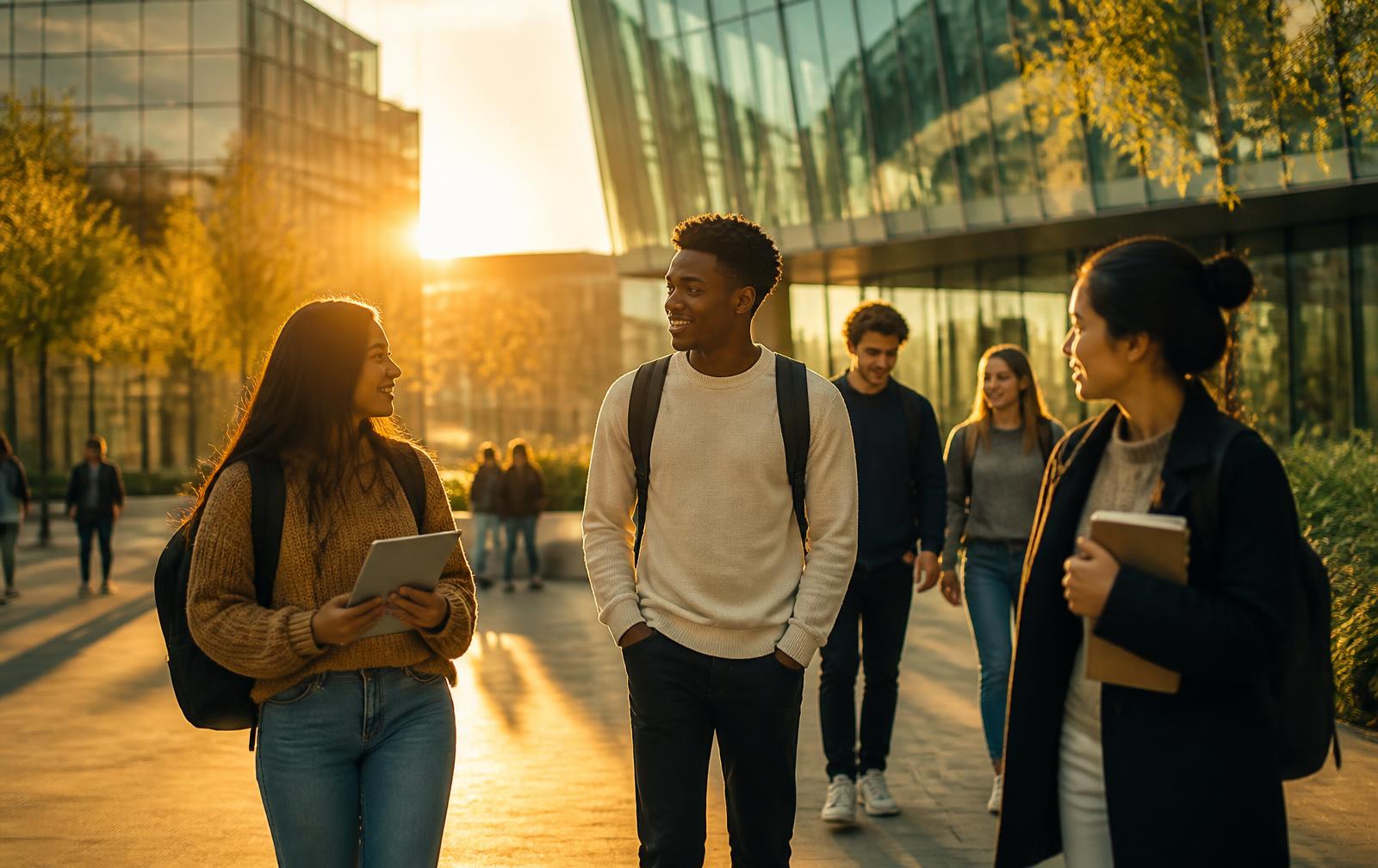 International students walking across a modern Indian university campus at golden hour